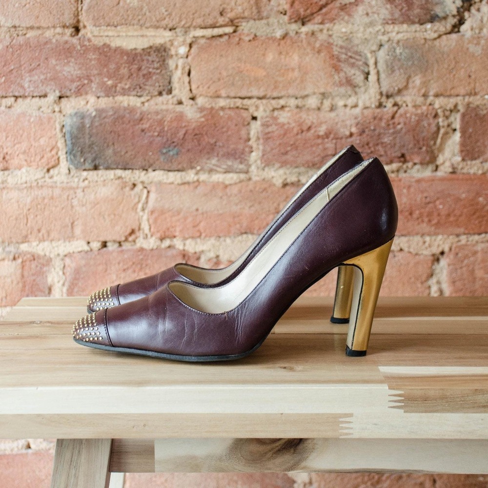 Monique Pumps 90s Vintage Gold Studded Stiletto 8 Brown Leather Square Toe Spain